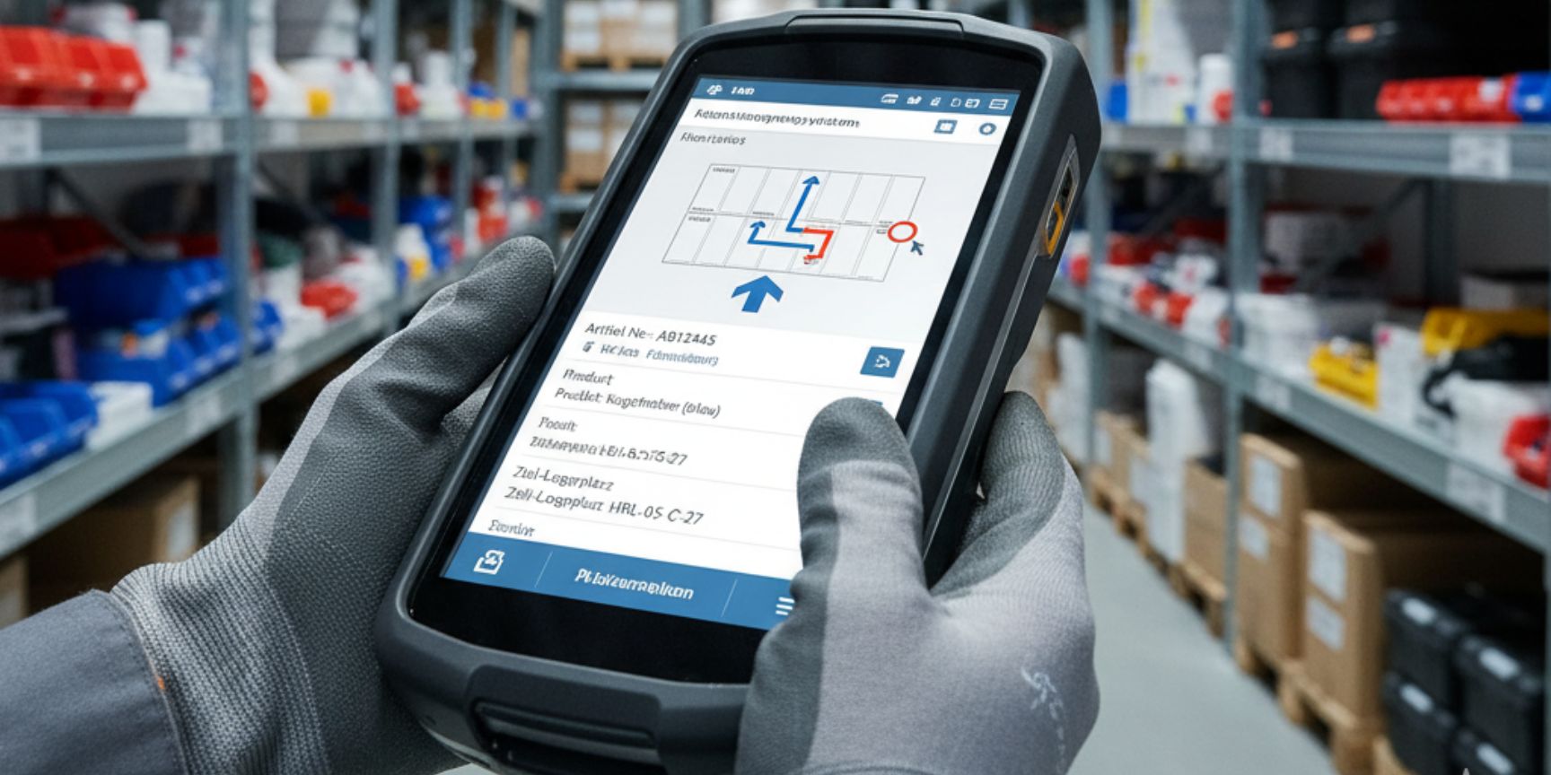 Warehouse employee operates handheld scanner and MDE device for digital storage or retrieval in chaotic warehousing, symbolizing software-controlled precision and efficiency.